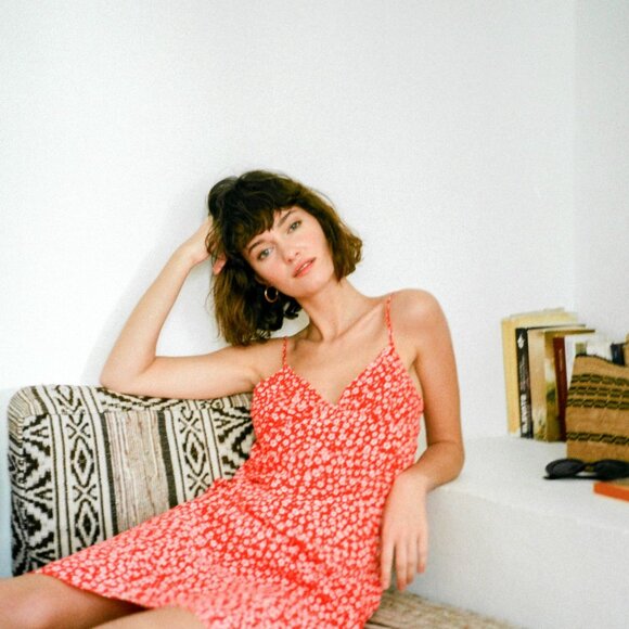 Rouje Gigi Midi Dress red floral spaghetti strap 36 XS S Jeanne Damas RARE - Picture 2 of 4